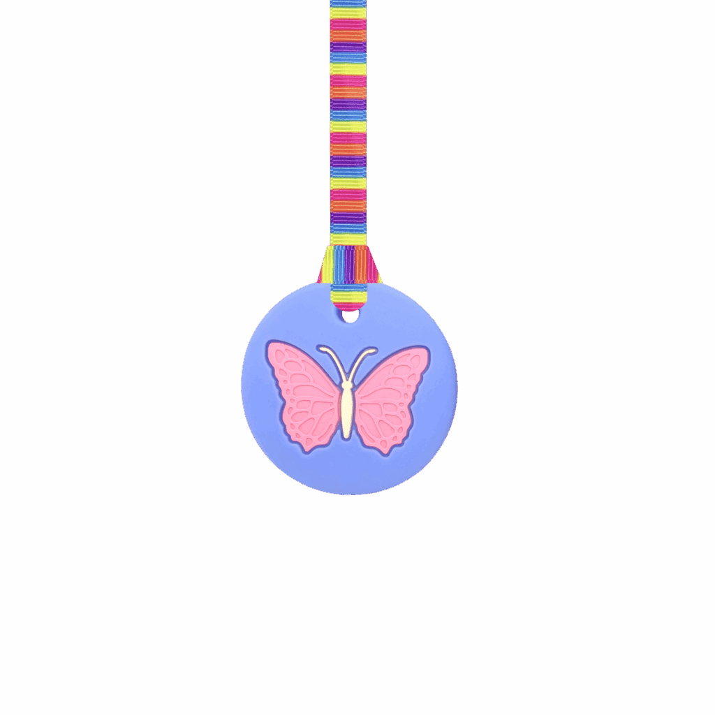 Butterfly chew necklace in blue on pink stripes lanyard