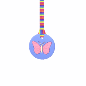 Butterfly blue chew necklace on pink stripes lanyard