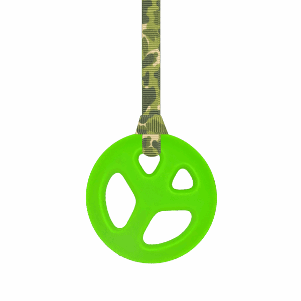 green peace chew necklace on camouflage lanyard