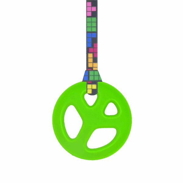 green peace chew necklace on tetris lanyard