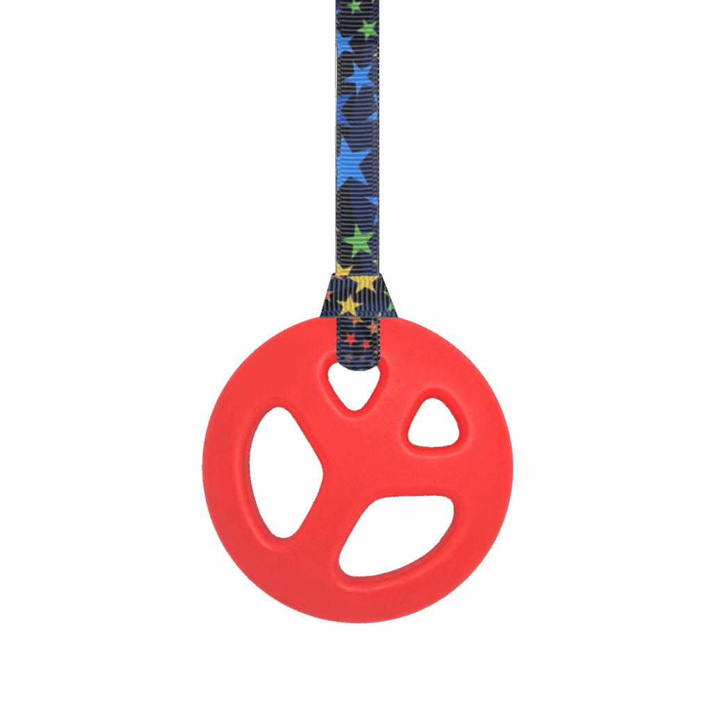 red peace chew necklace on black stars lanyard