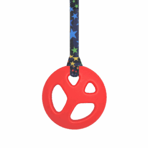 red peace chew necklace on black stars lanyard
