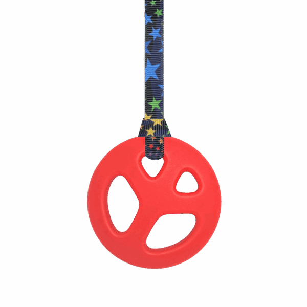 red peace chew necklace on black stars lanyard