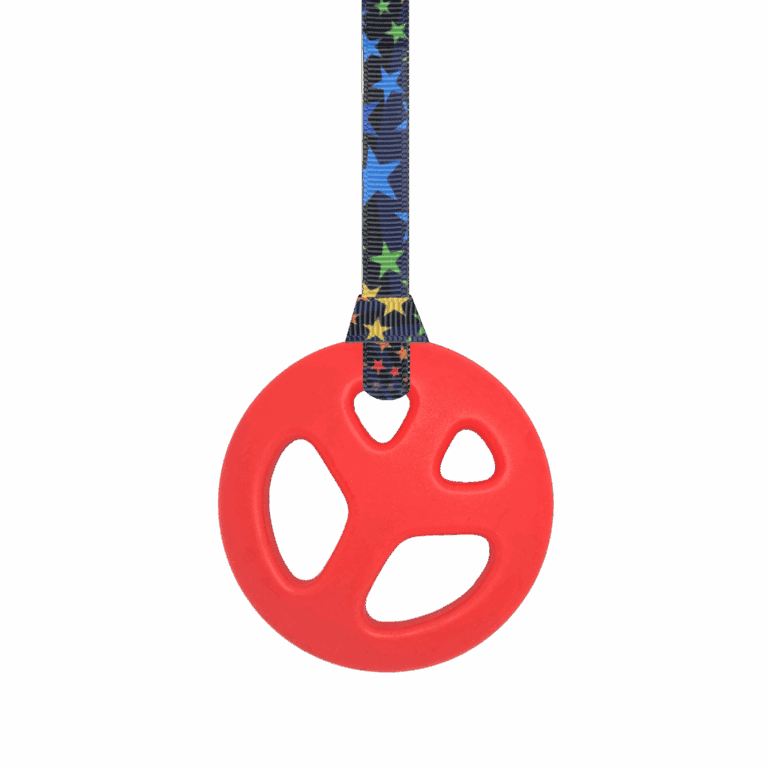 red peace chew necklace on black stars lanyard