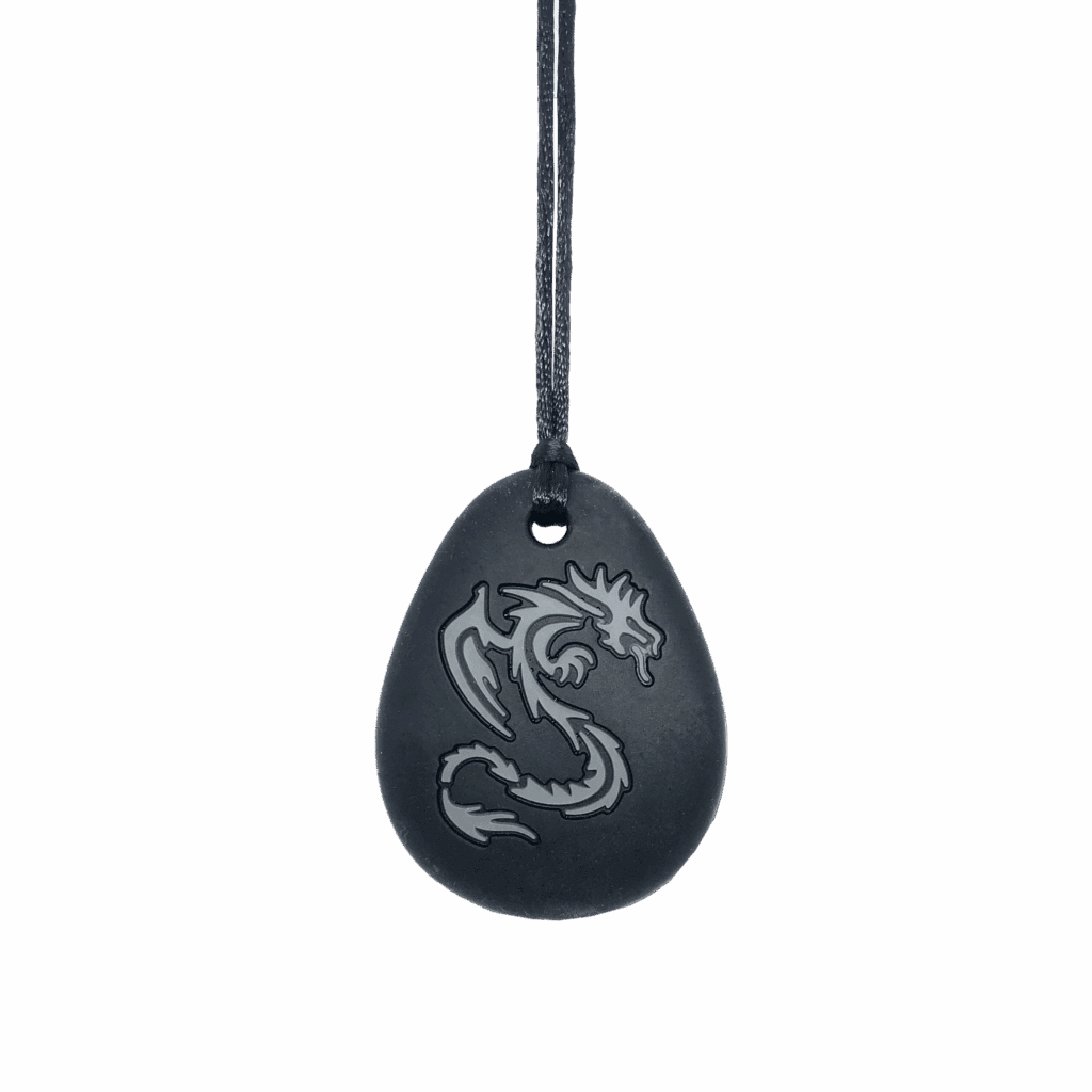 Black dragon kids chew necklace with grey dragon on plain black cord