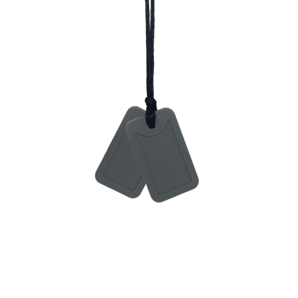 Grey dog tag sensory chew necklace pair on black cord