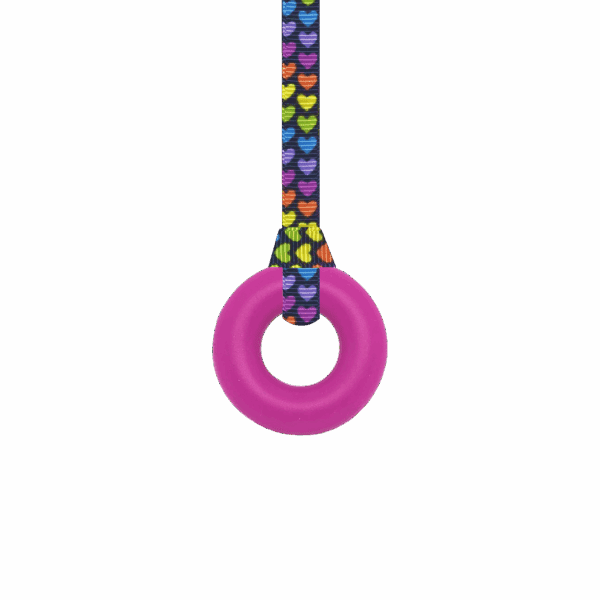 Magenta ring sensory chew necklace with rainbow hearts lanyard