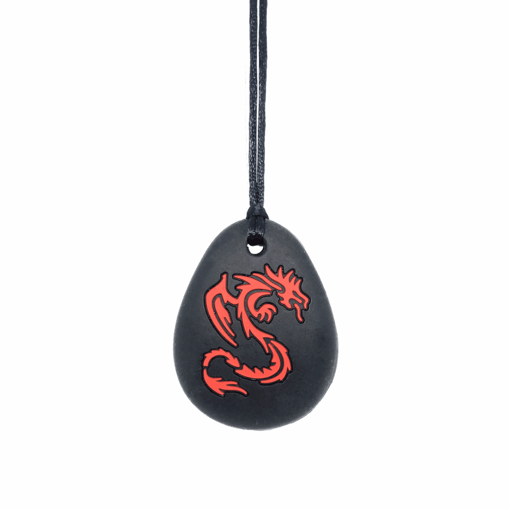 Black dragon chew necklace with red dragon on plain black cord