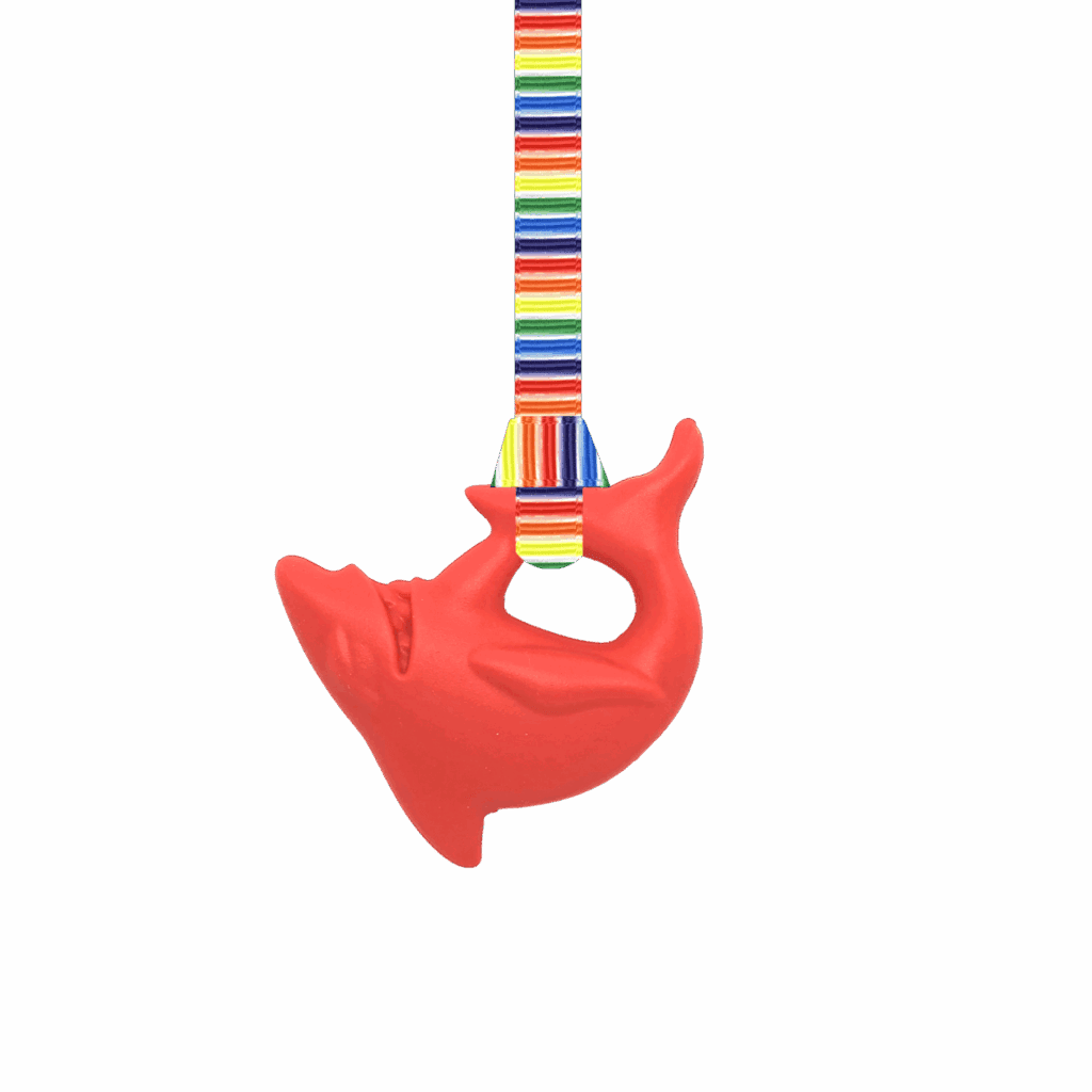 Red shark chew necklace on handmade retro stripes lanyard