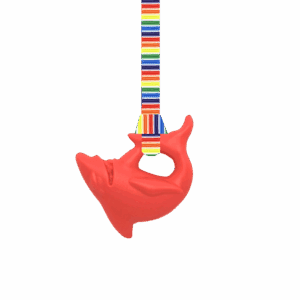 Red shark chew necklace on handmade retro stripes lanyard