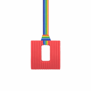 Red square chew necklace with rainbow pride lanyard