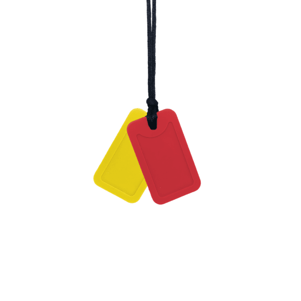 Yellow and red dog tag sensory chew necklace pair on black cord