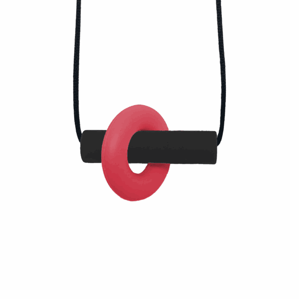 Red and black Axle sensory chew necklace with moving parts on black cord, perfect for people with ADHD
