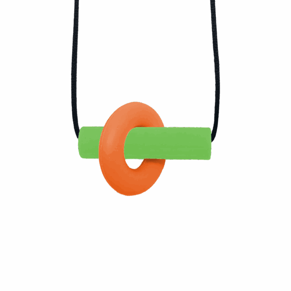 Orange and green Axle sensory chew necklace with moving parts on black cord, perfect for people with ADHD