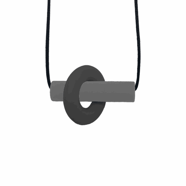 Black and grey Axle sensory chew necklace with moving parts on black cord, perfect for people with ADHD