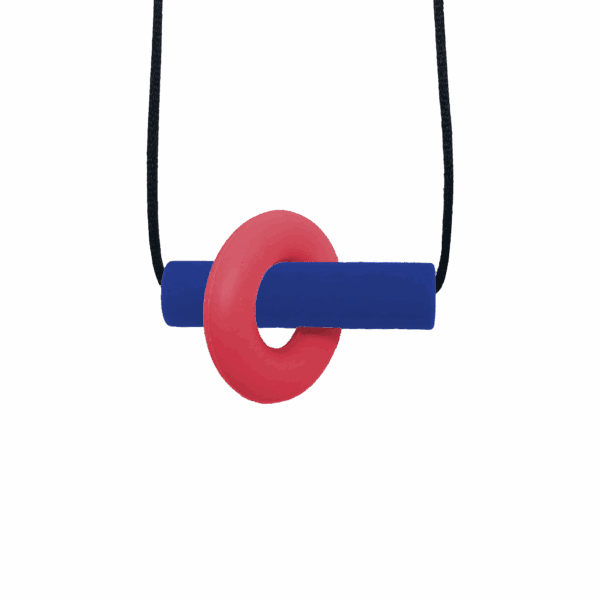 Red and navy Axle sensory chew necklace with moving parts on black cord, perfect for people with ADHD