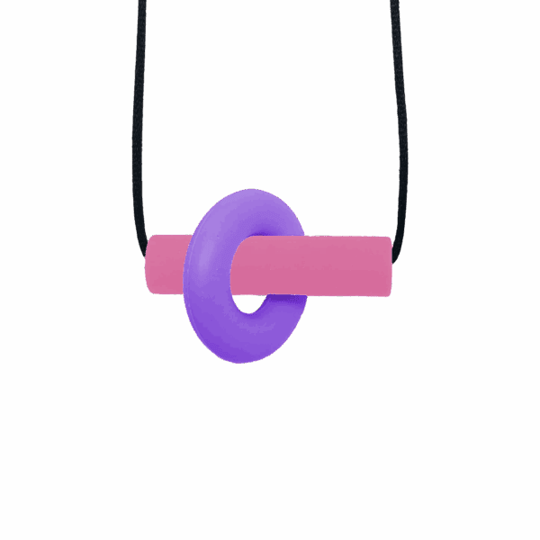 Purple and pink Axle sensory chew necklace with moving parts on black cord, perfect for people with ADHD