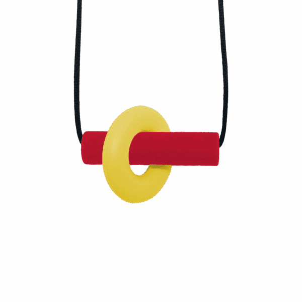Yellow and red Axle sensory chew necklace with moving parts on black cord, perfect for people with ADHD