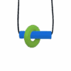 Green and blue Axle chew necklace with moving parts on black cord, perfect for people with ADHD