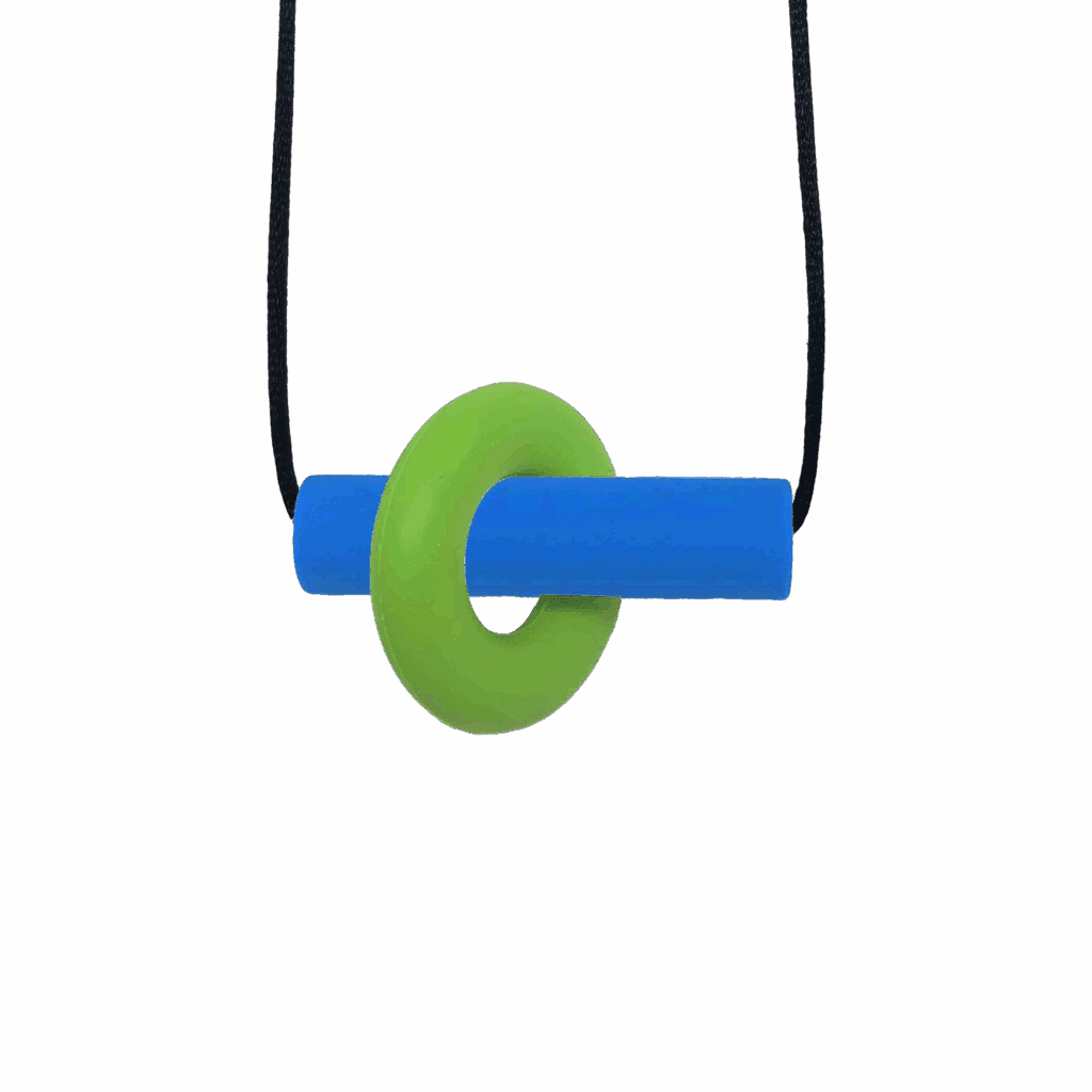 Green and blue Axle chew necklace with moving parts on black cord, perfect for people with ADHD