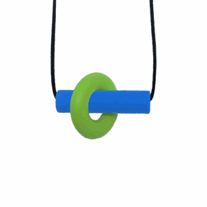 Green and blue Axle chew necklace with moving parts on black cord, perfect for people with ADHD