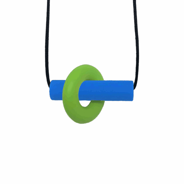 Green and blue Axle chew necklace with moving parts on black cord, perfect for people with ADHD