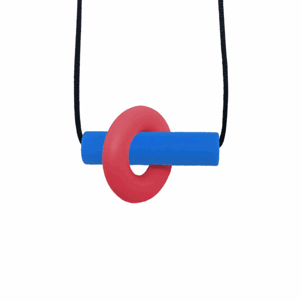 Red and blue Axle sensory chew necklace with moving parts on black cord, perfect for people with ADHD