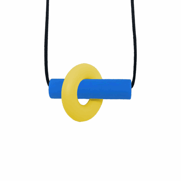 Yellow and blue Axle sensory chew necklace with moving parts on black cord, perfect for people with ADHD