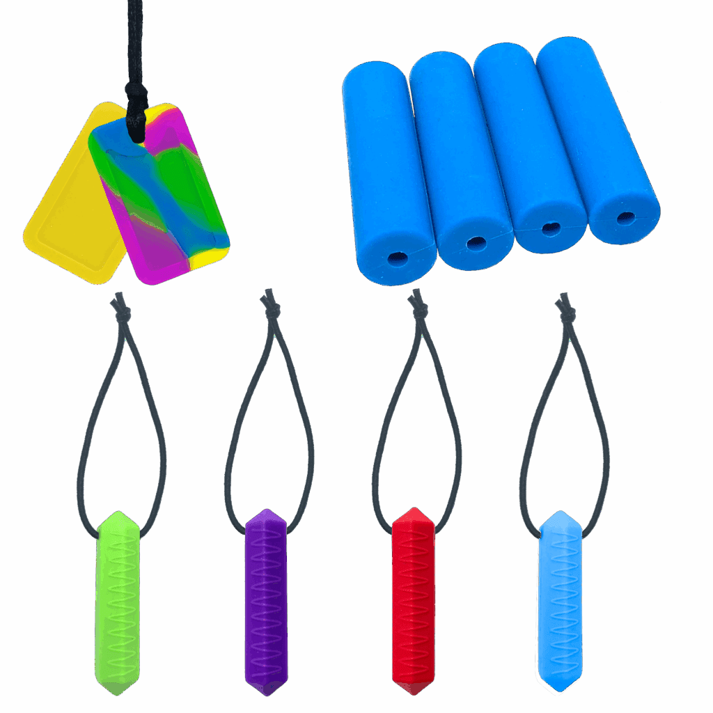 Discreet chew set, dog tags, hoodie chews & zip chews in bright colours