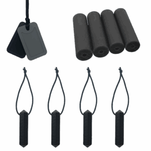 Discreet chew set, dog tags, hoodie chews & zip chews in neutral colours