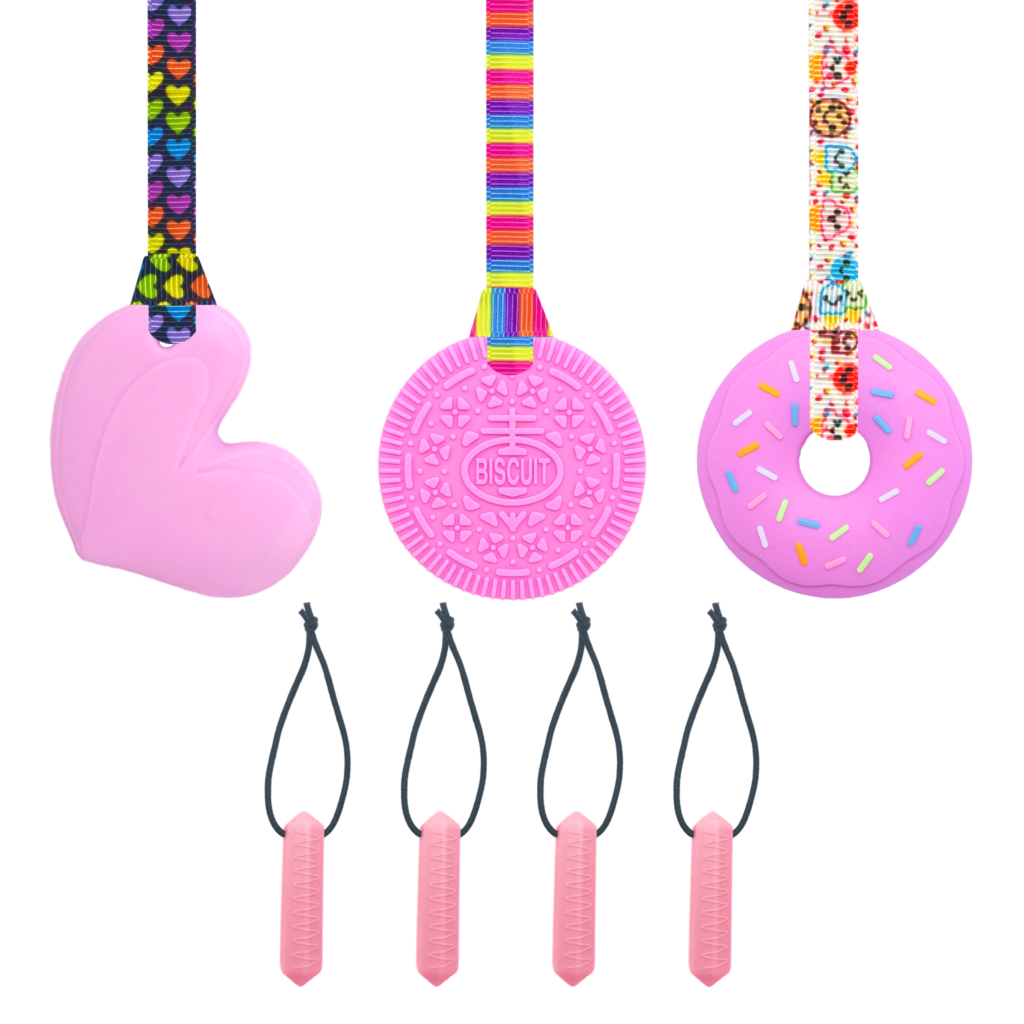 Pink chew set, heart, biscuit, doughnut & zip chews all in pink