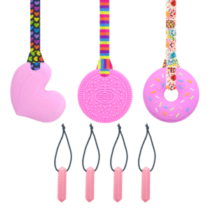 Pink chew set, heart, biscuit, doughnut & zip chews all in pink