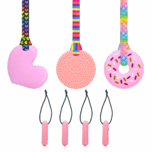 Pink chew set, heart, biscuit, doughnut & zip chews all in pink