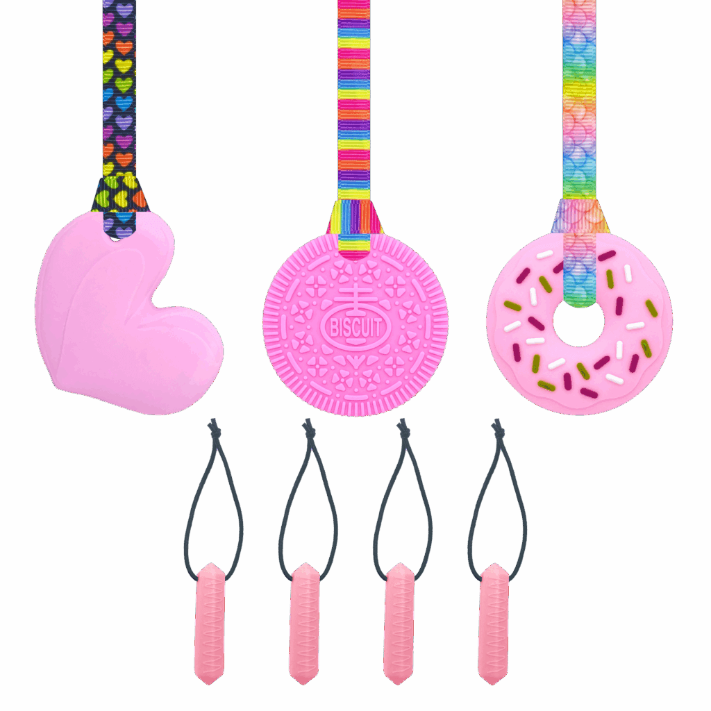 Pink chew set, heart, biscuit, doughnut & zip chews all in pink