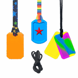 Tags chew set in bright colours, taggle, star tag, dog tags and cord