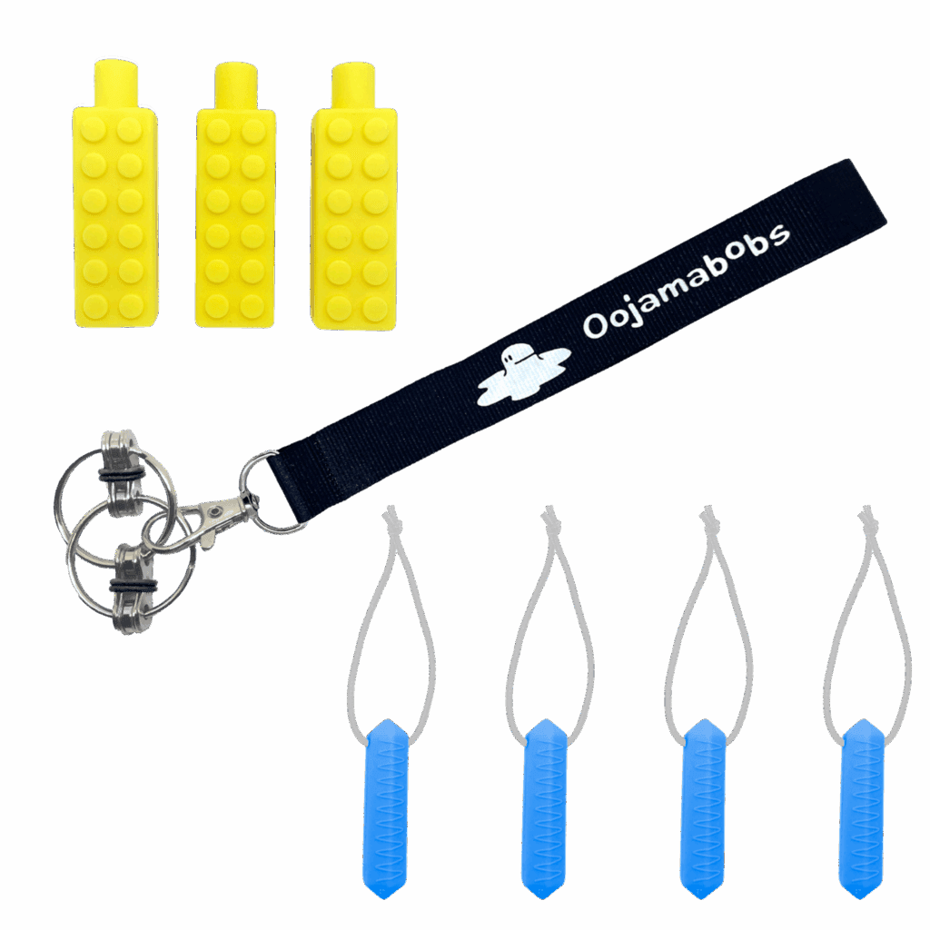 Standard sensory school set pencil toppers, zip chews and fidgi-flip