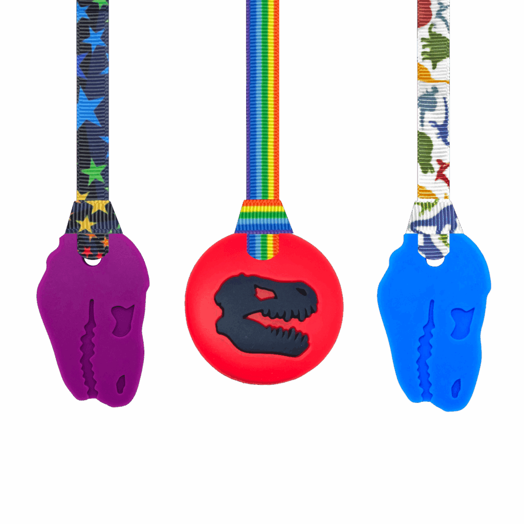 dinosaur chew necklace set custom purple red blue lanyard sensory oojamabobs