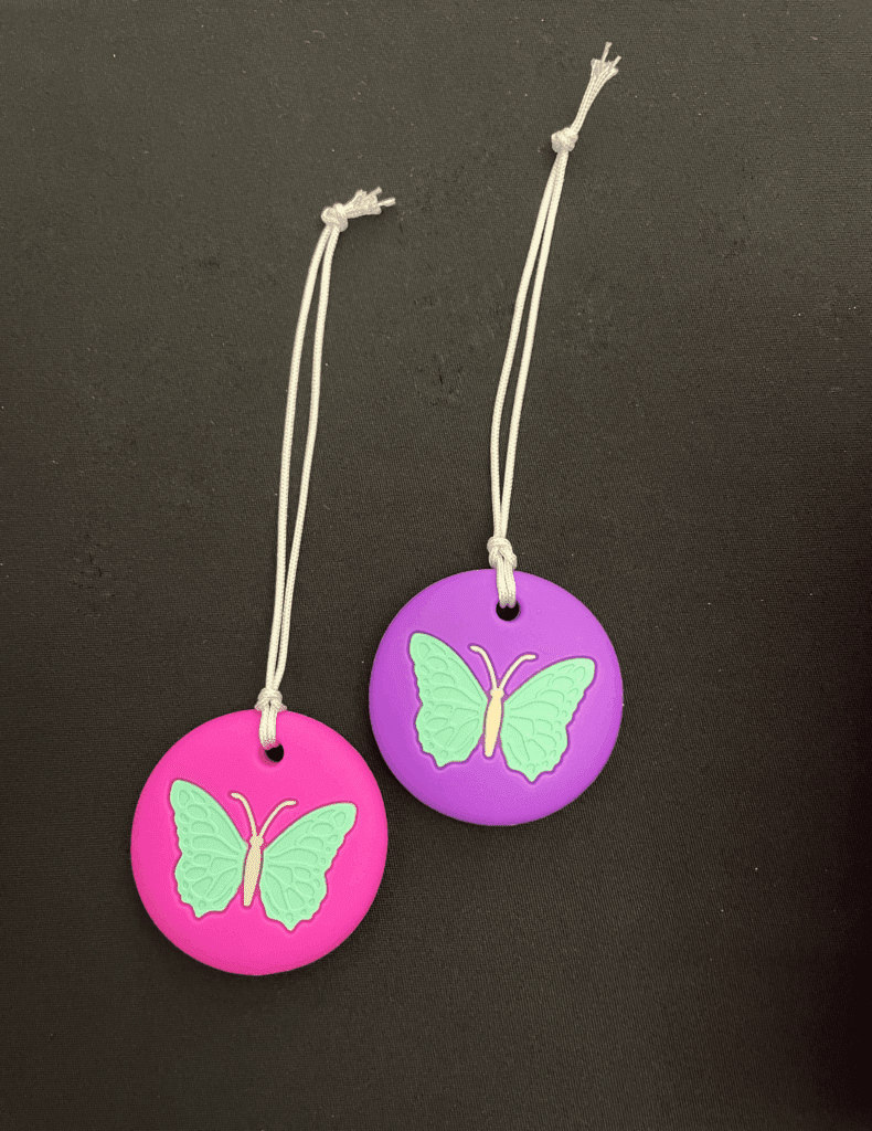 Butterfly chew necklaces on short cord lengths