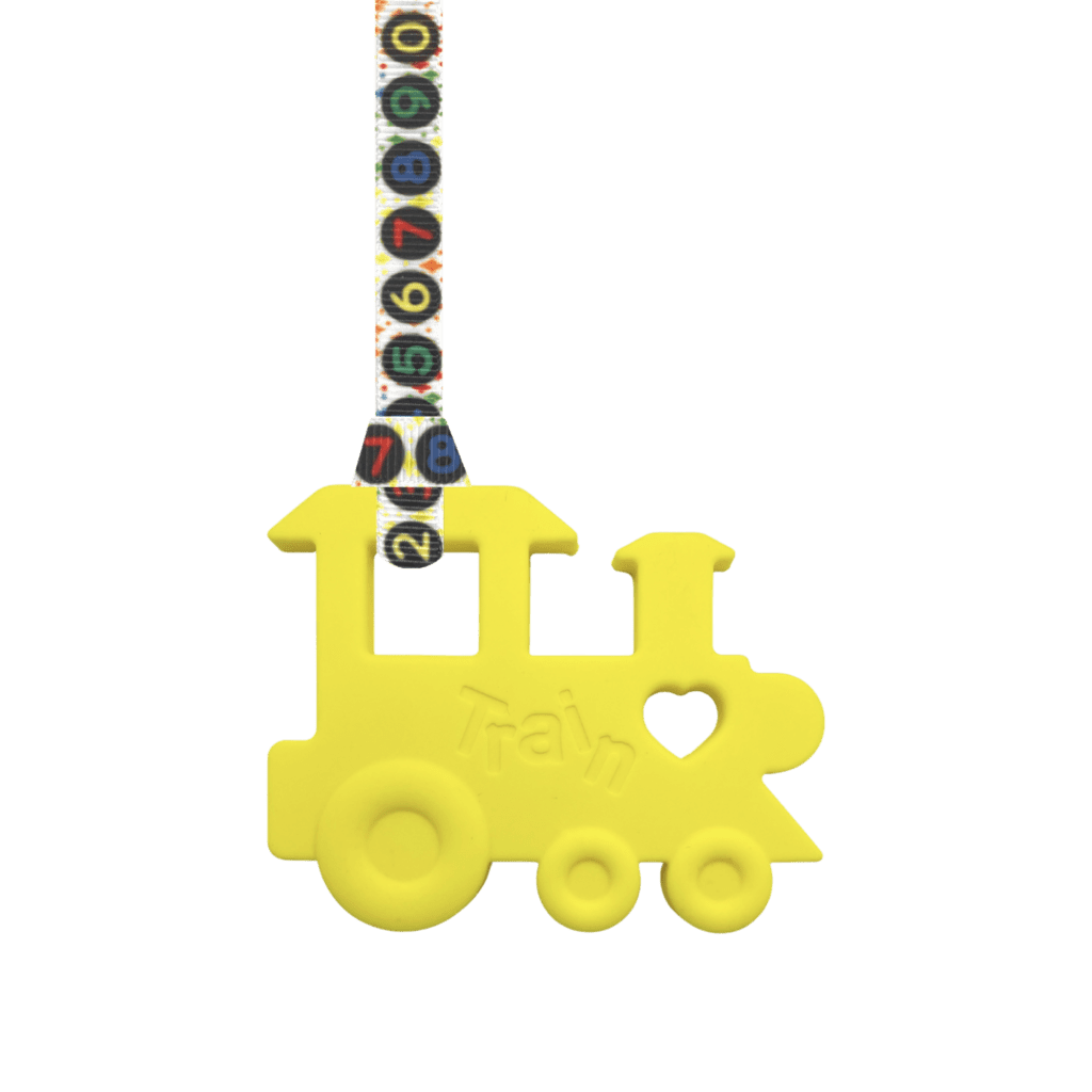 Yellow train chew necklace sensory oojamabobs autism adhd lanyard numbers