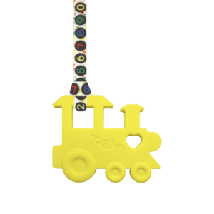Yellow train chew necklace sensory oojamabobs autism adhd lanyard numbers