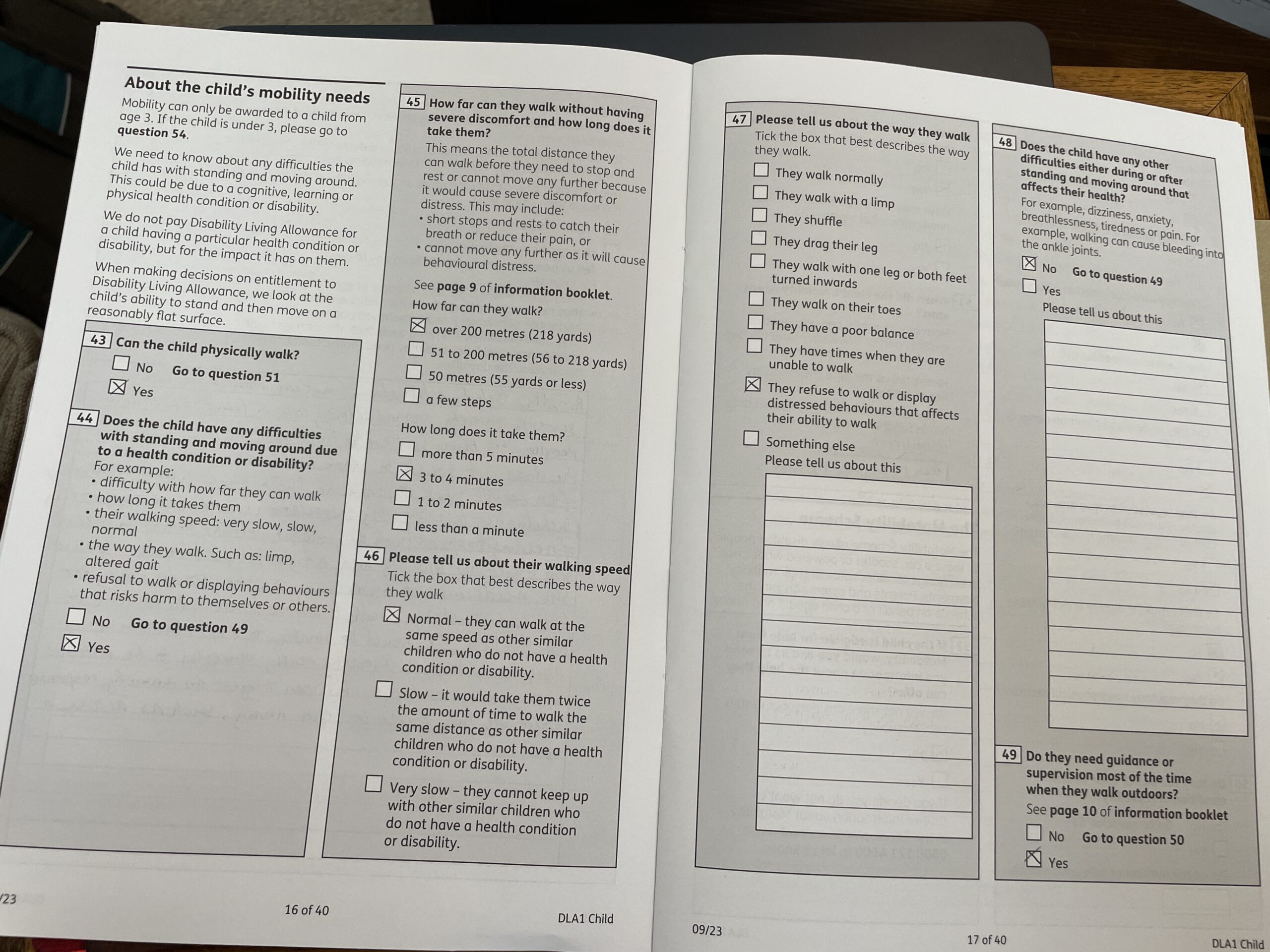 Disability benefits disability living allowance DLA paper form copy