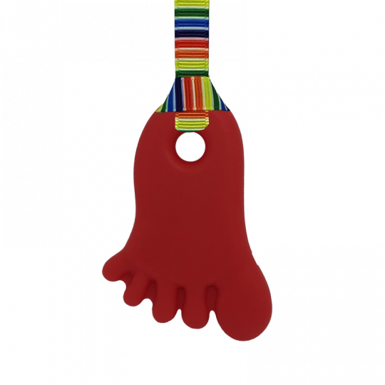 Kids chew necklace shaped like a red foot with hand made retro stripes lanyard