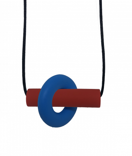 Red and blue Axle sensory chew necklace with moving parts on black cord, perfect for people with ADHD